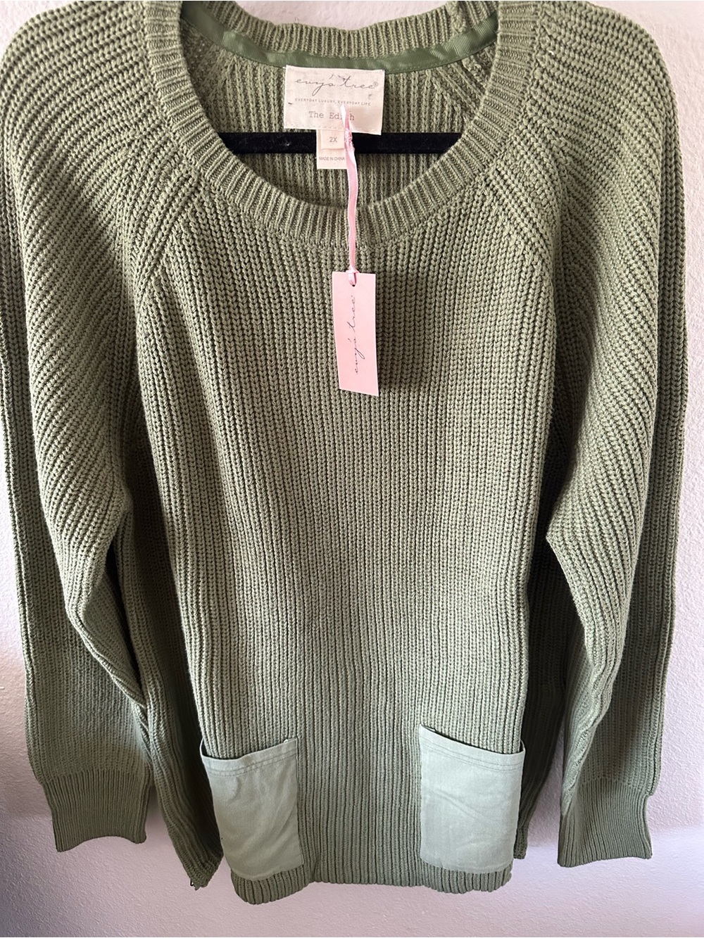 Evy’s Tree The Edith Sweater 2X NWT Chive Sage Green Knit Pockets